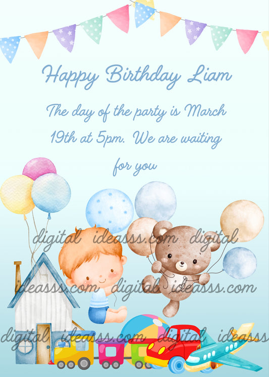 Child flies with balloons together with his teddy bears, above his toys. Printable birthday card for boys 1-7.