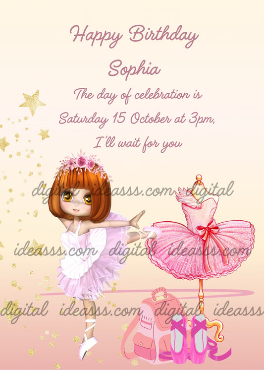 Little girl, rehearses classical dance in her school. Printable birthday card for girls 
6-12.