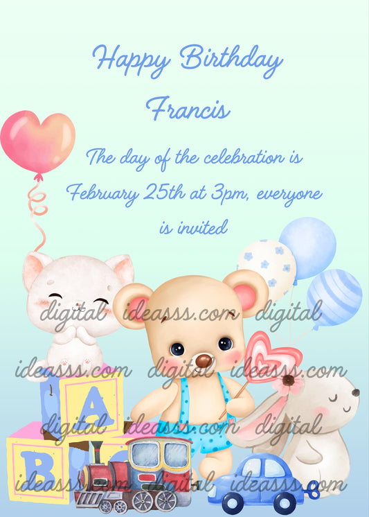 In the foreground a cute teddy bear with lollipop, a locomotive, a car, and two other cute toys animals. Printable birthday card for kids 1-7. 