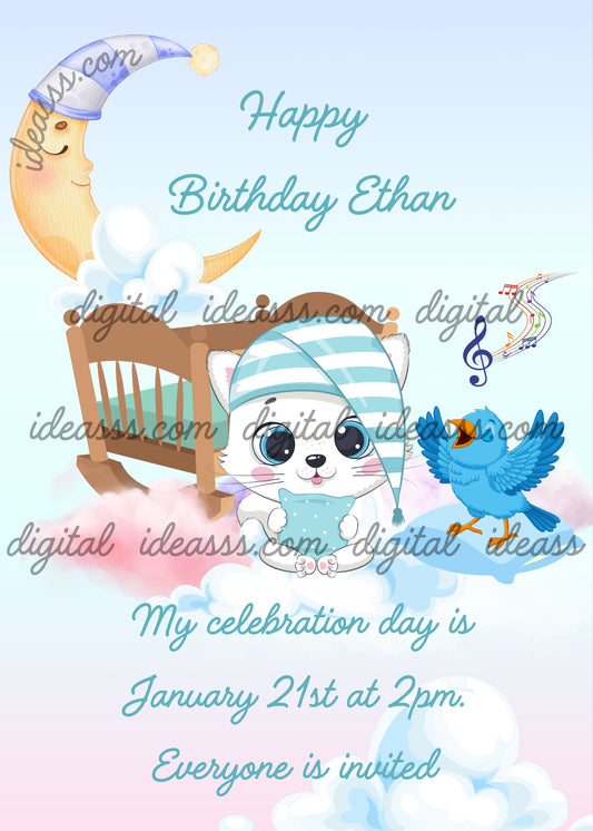 Kitten Tinkerbell sitting on the clouds with a rocking bed, a little bird sings for her. The moon has her own nightcap. Printable birthday card for kids 1-9.