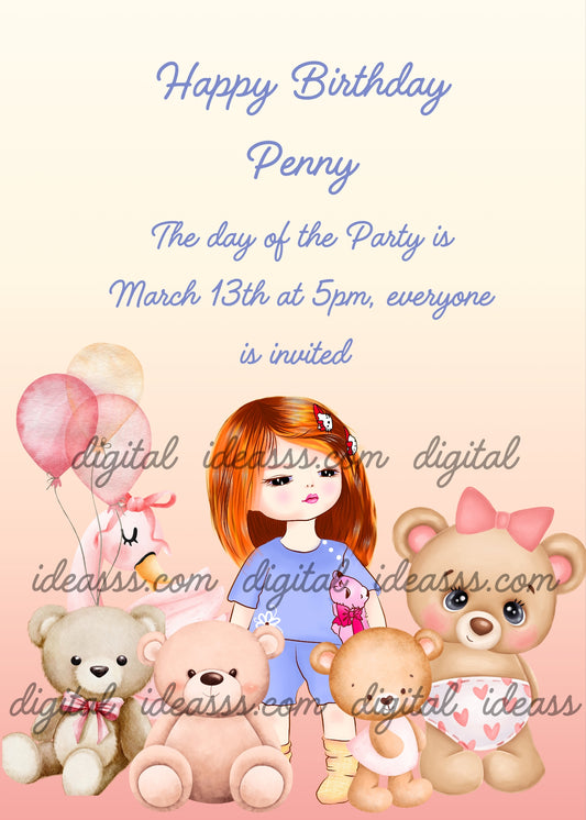 Little girl dressed in light blue with a teddy bear in her hand, and other teddy bears around her. Printable birthday card for girls 1-9. 