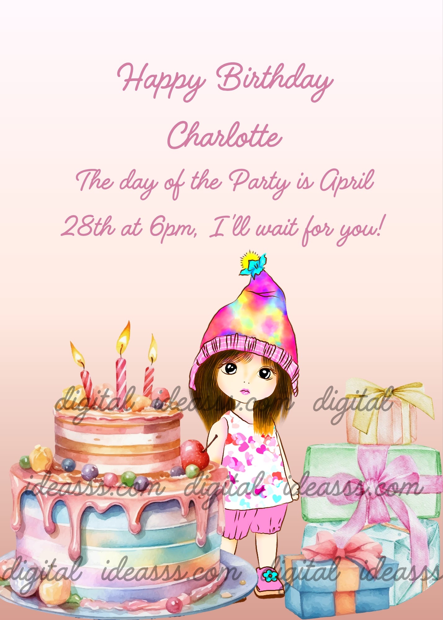 Cute little girl with rainbow hat, among cakes and gifts. Printable birthday card for girls 5-12.