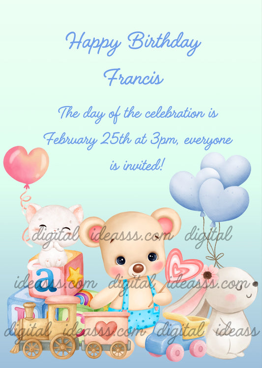 In the foreground a cute teddy bear with lollipop, a locomotive, a car, and two other cute toy animals. Printable birthday card for kids 1-7. 
