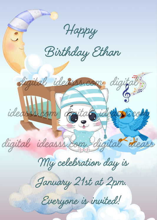 Kitten Tinkerbell sitting on the clouds with a rocking bed, a little bird sings for her. The moon has her own nightcap. Printable birthday card for kids 1-9.