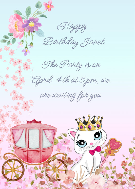 Aristocratic cat, with crown, scepter and carriage, among the flowers of a garden. Printable birthday card for girls 1-9.