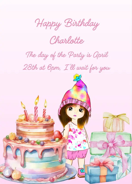 Cute little girl with colorful hat, big cake and gift packages. Printable birthday card for girls 1-12.