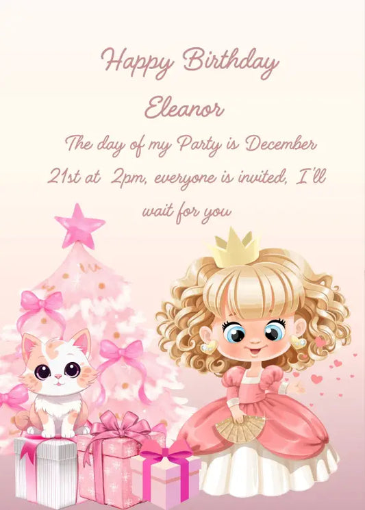 An eccentric princess's favorite color is pink. Everything is pink, her dress, the Christmas tree and even her kitten. Printable birthday Christmas card for girls 6-13.
