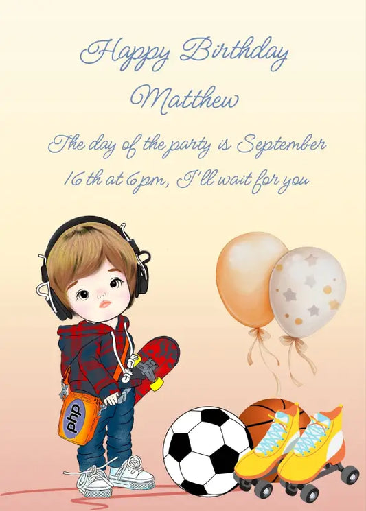 Child with headphones and skateboard, with his favorite toys next to him. Printable birthday card for boys 6-13.