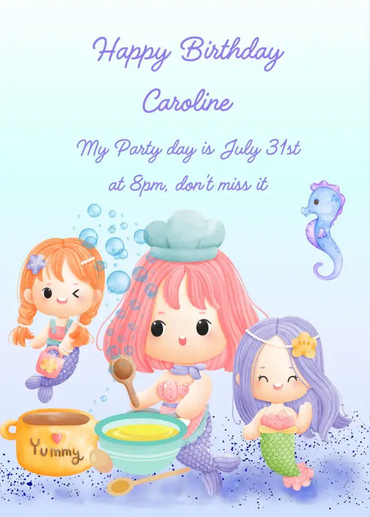 A little mermaid wearing a chef's hat is preparing fish soup, other mermaids are approaching her. Printable birthday card for kids 1-9.