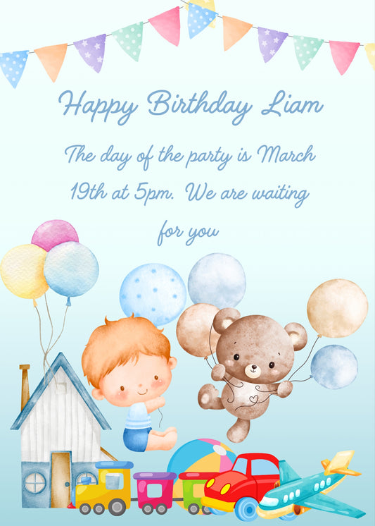 Child flies with balloons together with his teddy bears, above his toys. Printable birthday card for boys 1-7.