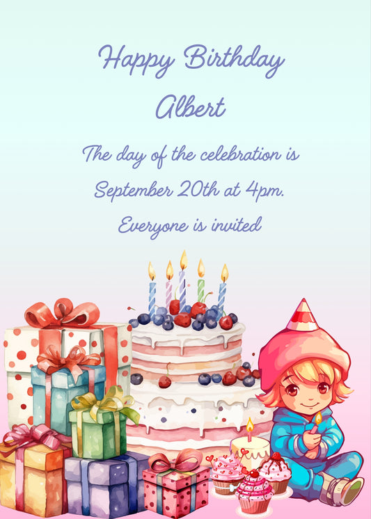Child sitting on the floor with a candle in his hand. Next to him many gift packages, and a cream cake. Printable birthday card for  kids 6-12.