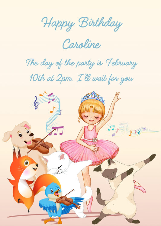 A ballerina performs classical dance, with cute dancing animals. A bird and a dog play the violin. Printable birthday card for kids 6-14.