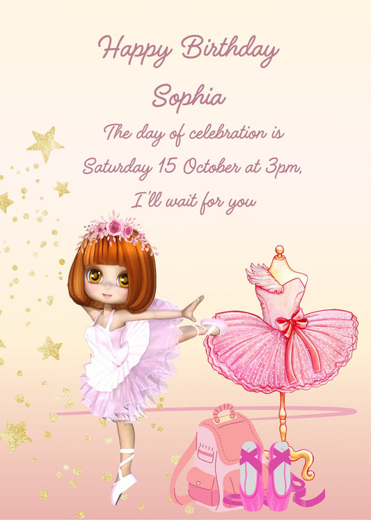 A little girl rehearses her dance class at school. Her backpack and spare shoes are on the floor. Her tutù is on a mannequin. Printable birthday card for girls 6-12.