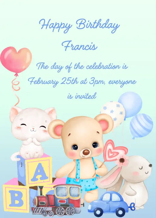 In the foreground a cute teddy bear with lollipop, a locomotive, a car, and two other cute toys animals. Printable birthday card for kids 1-7.