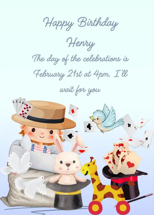 Funny magician looks out from a sack. Doves, playing cards, and magic hat, for his show. Printable birthday card for boys 
3-10.