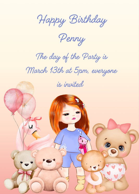 Little girl dressed in light blue with a teddy bear in her hand, and other teddy bears around her. Printable birthday card for girls 1-9.