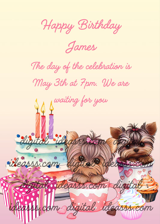 Two little dogs are causing trouble. One has entered a glass of ice cream, the other one in a cup. In the background a birthday cake, and a gift package. Printable birthday card for kids  1-9.
