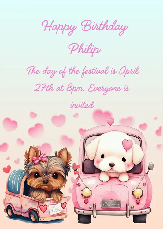 Two little dogs inside their toy cars. In the background small hearts in gradient. Printable birthday card for kids 1-9.