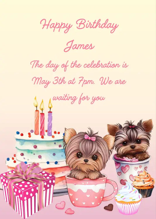 Two little dogs are causing trouble. One has entered a glass of ice cream, the other one in a cup. In the background a birthday cake, and a gift package. Printable birthday card for kids  1-9.