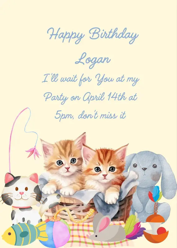Orange kittens in a basket, with lots of toys around; the games of the two kittens. Printable birthday card for kids 1-12.