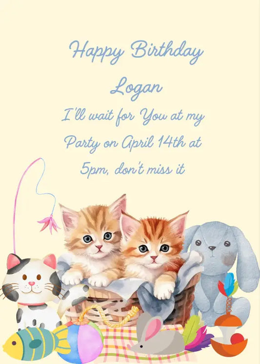 Orange kittens in a basket, with lots of toys around; the games of the two kittens. Printable birthday card for kids 1-12.