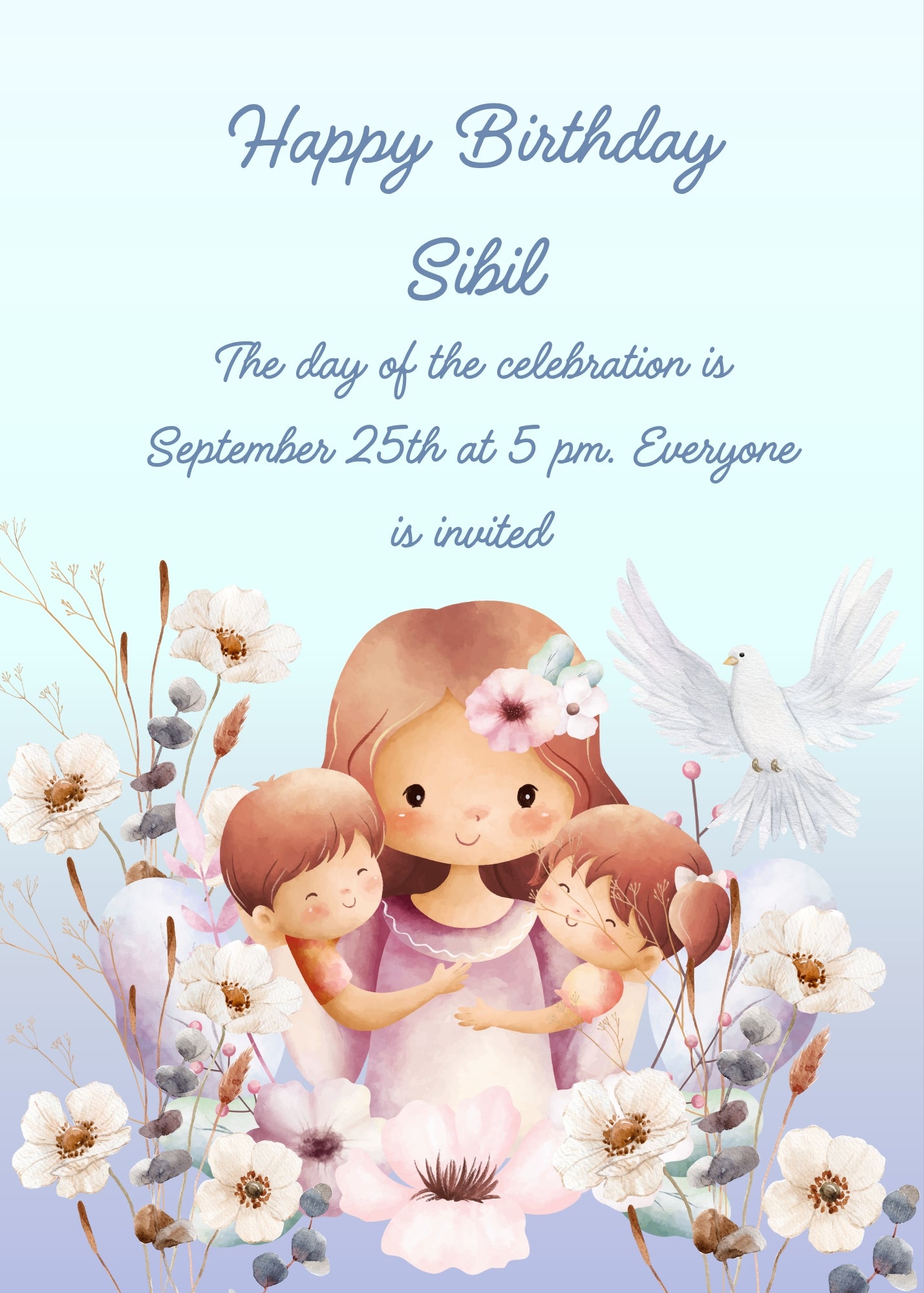 Two children hug their mother in a flower garden. White flowers and dove in flight. Printable birthday card for kids 8-12.