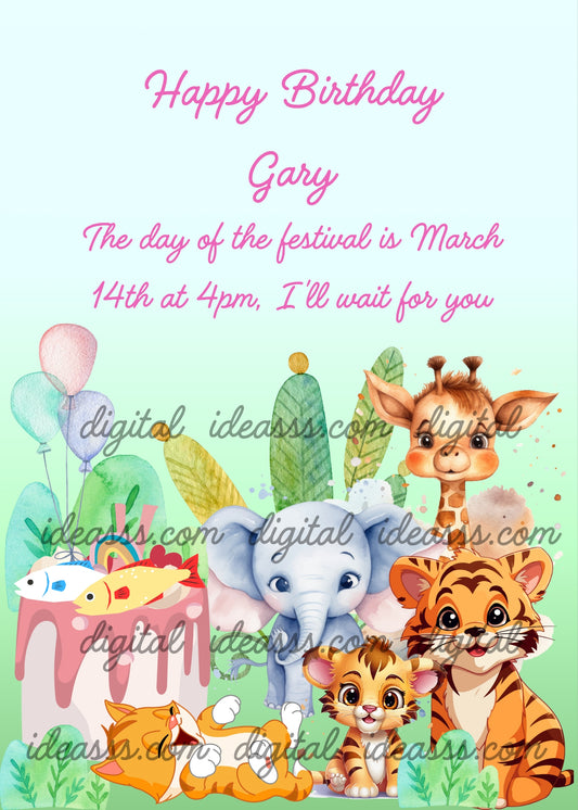 Party animals; two tigers prepared a cake with fish for their kitten relative. Printable birthday card for kids 3-10.
