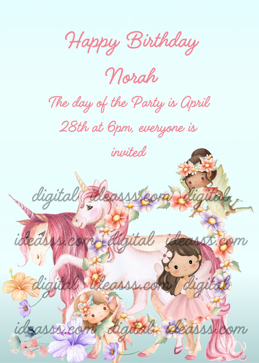 Three fairies prepare flower garlands to celebrate the unicorns. Printable birthday card for girls 6-12. 