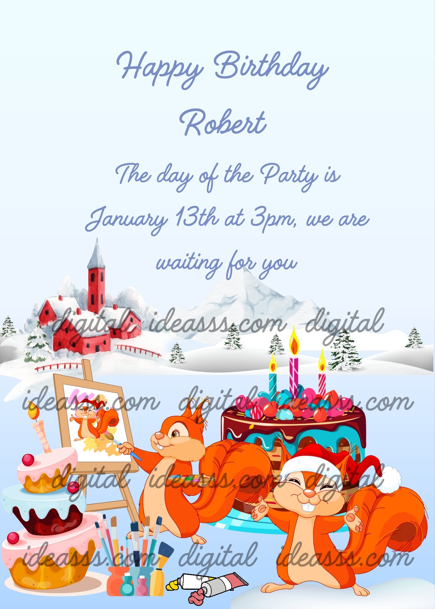 Mountain party in the snow, for two cute squirrels, with cakes, brushes and colors to play with. Printable birthday & Christmas card for kids 5-12.