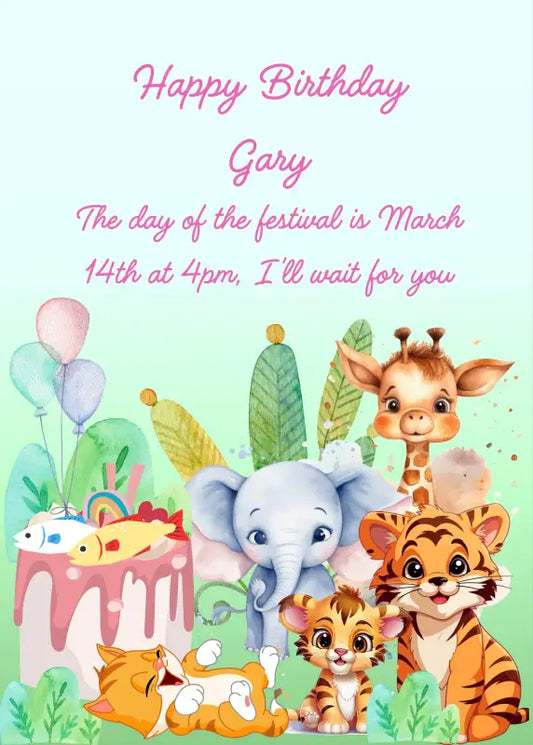 Party animals; two tigers prepared a cake with fish for their kitten relative. Printable birthday card for kids 3-10.