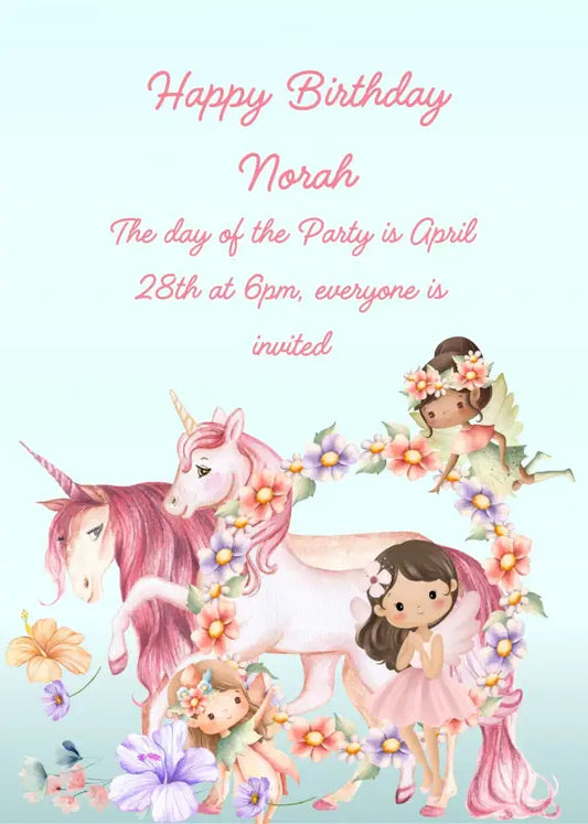 Three fairies prepare flower garlands to celebrate the unicorns. Printable birthday card for girls 6-12.