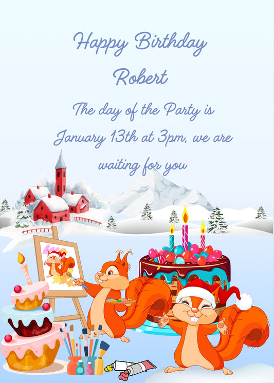 Mountain party in the snow, for two cute squirrels, with cakes, brushes and colors to play with. Printable birthday card for kids 5-12.