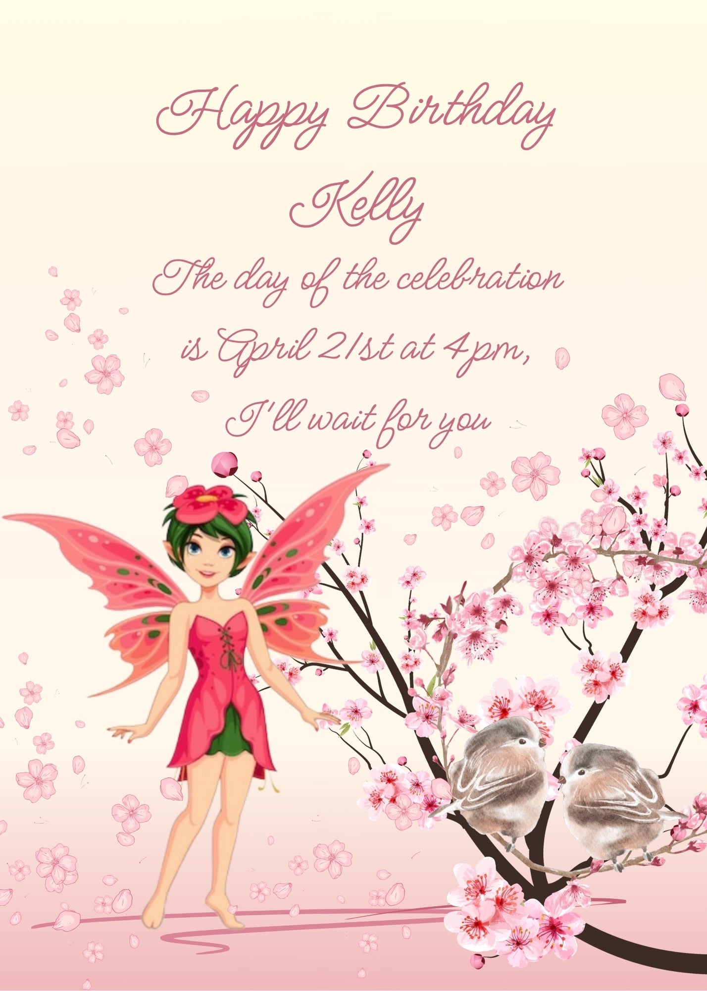 Peach branch in bloom, with two little birds flowers scattered in the air, and a red fairy. Printable birthday card for girls 9-14.