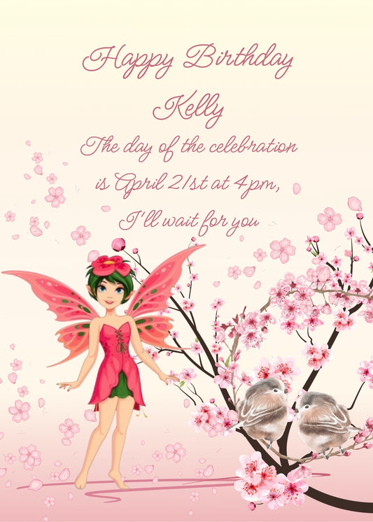 Peach branch in bloom, with two little birds flowers scattered in the air, and a red fairy. Printable birthday card for girls 9-14.