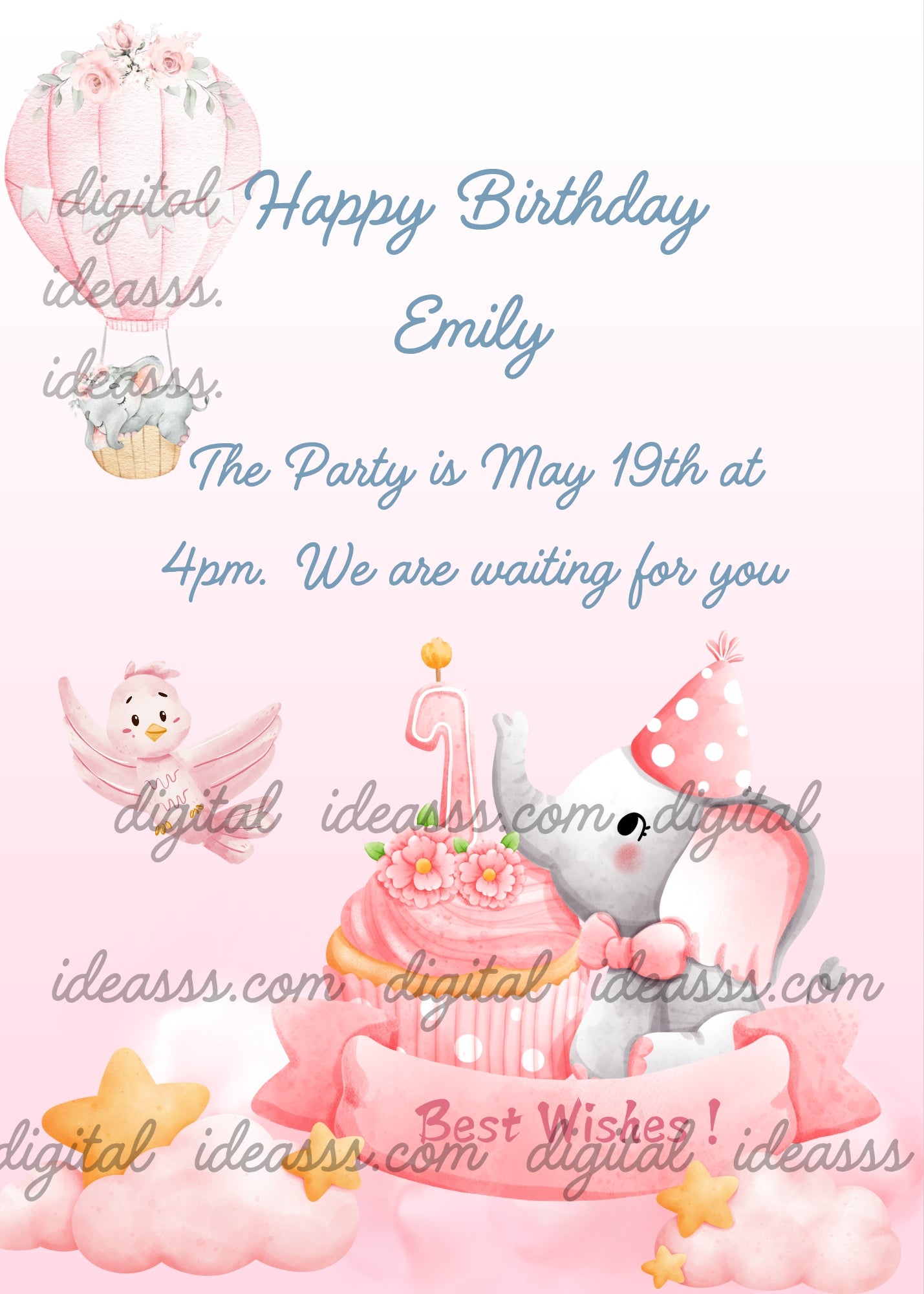 A little elephant in the clouds, with cake. In the sky a hot air balloon, and bird in flight. Dominant color pink. Printable birthday card for girls 1-6.