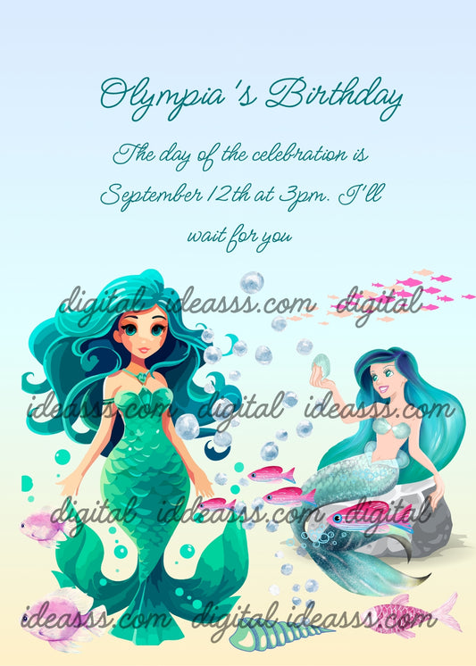 Blue mermaids on the seabed, with pink fish. Printable birthday card for girls 10-14.  
