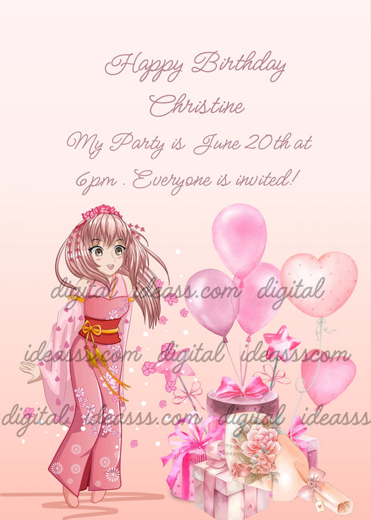 A manga-style girl in a pink kimono, surrounded by pink balloons and birthday gifts. Printable birthday card for girls 9-14.