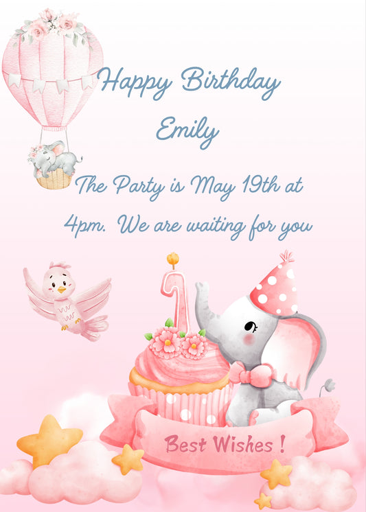 A little elephant in the clouds, with cake. In the sky a hot air balloon, and bird in flight. Dominant color pink. Printable birthday card for girls 1-6.