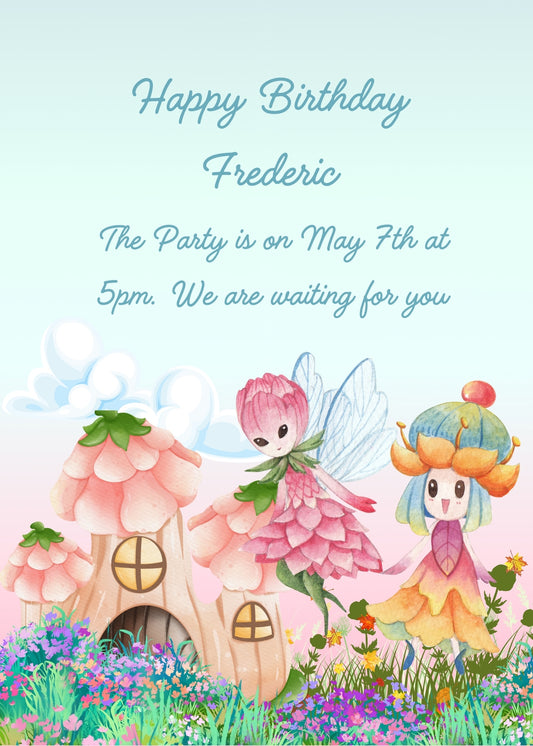 An elf in the form of a flower flies over his little house with roofs made of flowers. Flowery meadow, and flower with eyes nose and mouth. Printable birthday card for kids 6-12.