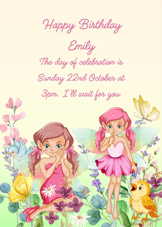Flowery meadow with butterflies, birds and two pink fairies. Printable birthday card for girls 8-14.