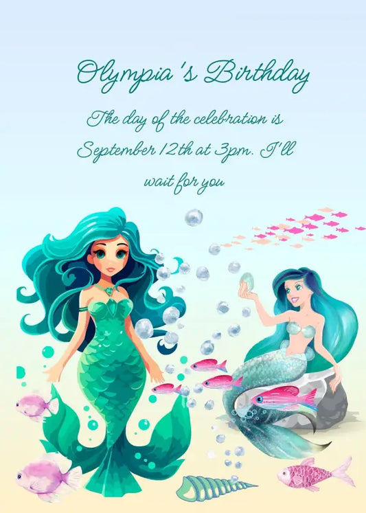 Blue mermaids on the seabed, with pink fish. Printable birthday card for girls 10-14.
