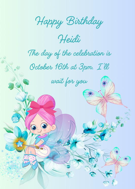 Fairy with pink hair and magic wand, sitting on a flowers branch with butterflies. Printable birthday card for girls 1-9
