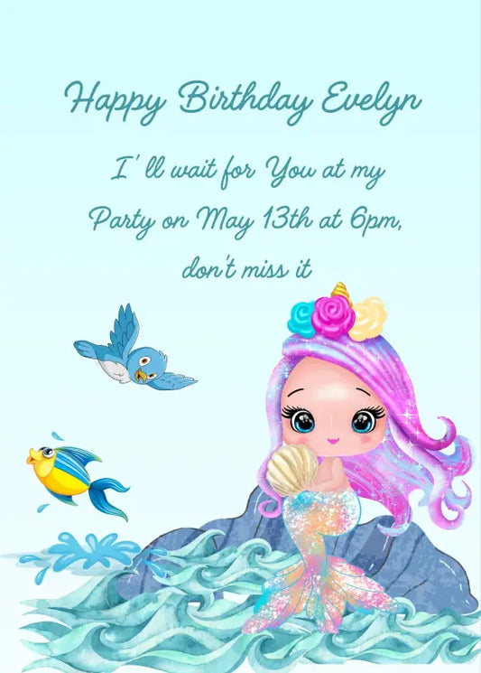 Cute little mermaid  with pink hair sitting on a rock in the middle of the sea, with a little bird flying, and a little fish. Printable birthday card for girls 1-9.