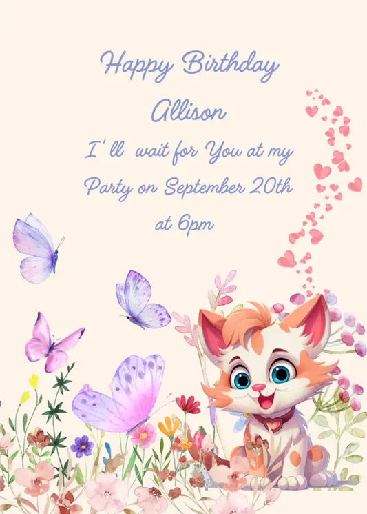 Kitten among the flowers, observe the flight of the butterflies with curiosity. Printable birthday card for kids 1-12.