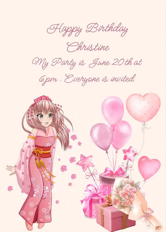 Card dedicated to girls. Dominant color pink. A litte girl is surprised to see the gifts she received. Printable birthday card for girls 9-14.