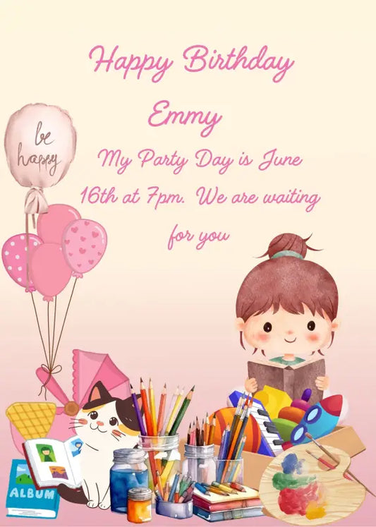 Little girl plays with er painting books and pencils. Printable birthday card for girls 
6-12.