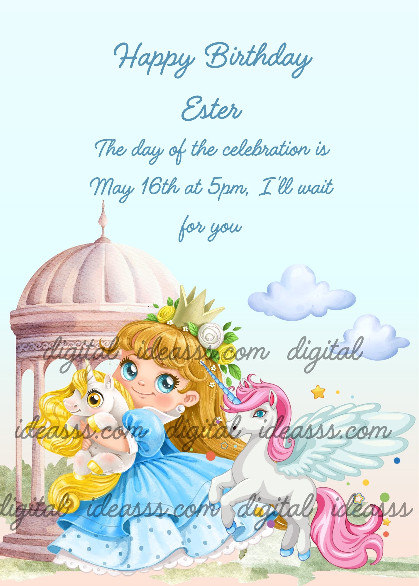 Little princess holds a baby unicorn to play. The other unicorn next to her has wings. Printable birthday card for girls 
6-12.  
