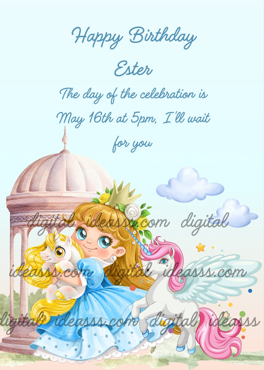 Little princess holds a baby unicorn to play. The other unicorn next to her has wings. Printable birthday card for girls 
6-12.  
