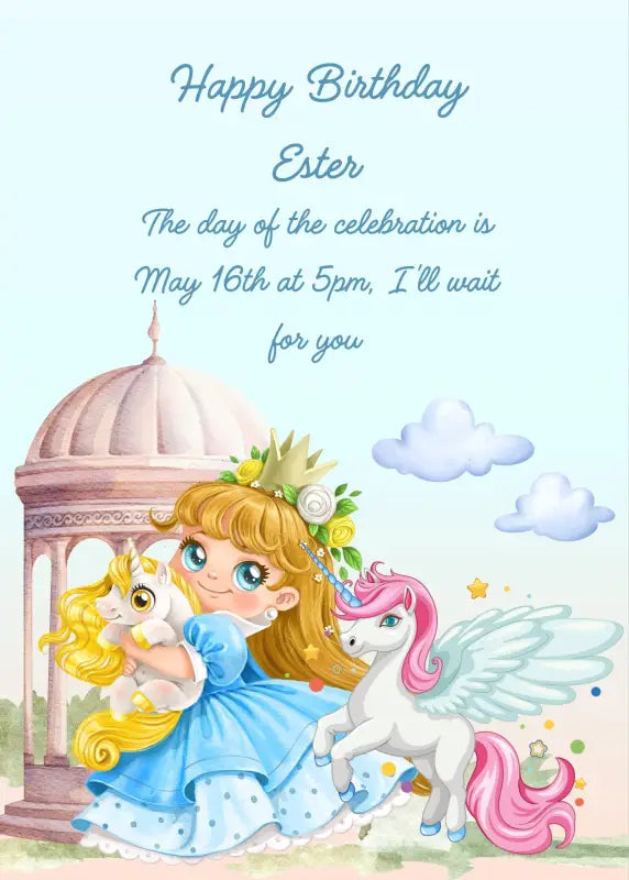 Little princess holds a baby unicorn to play. The other unicorn next to her has wings. Printable birthday card for girls 
6-12.