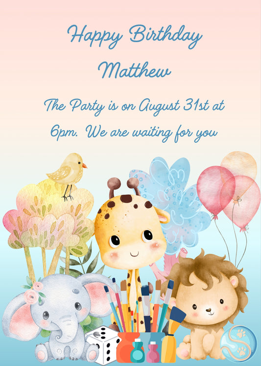 A giraffe, a lion and little elephant, love playing together with dice, balloons and paintbrushes. Printable birthday card for kids 1-9.